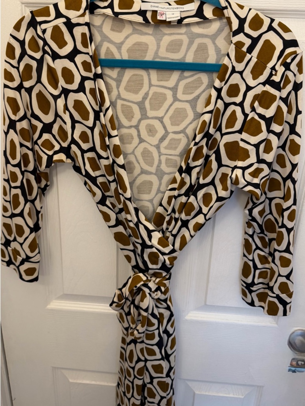 Diane Von Furstenberg Silk Brown, Black & Cream Geometric Wrap Dress